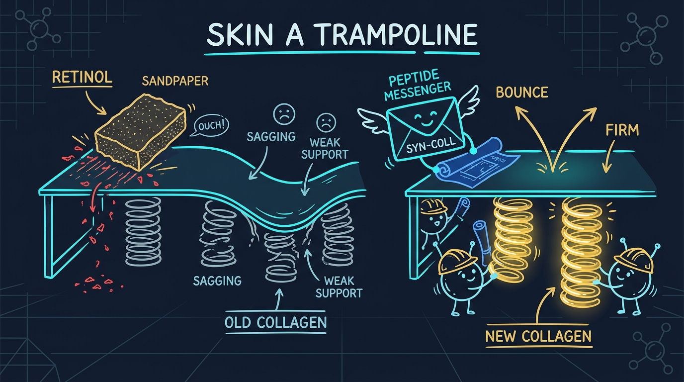 Digital whiteboard diagram explaining how Syn-Coll peptide messengers rebuild collagen springs under skin trampoline