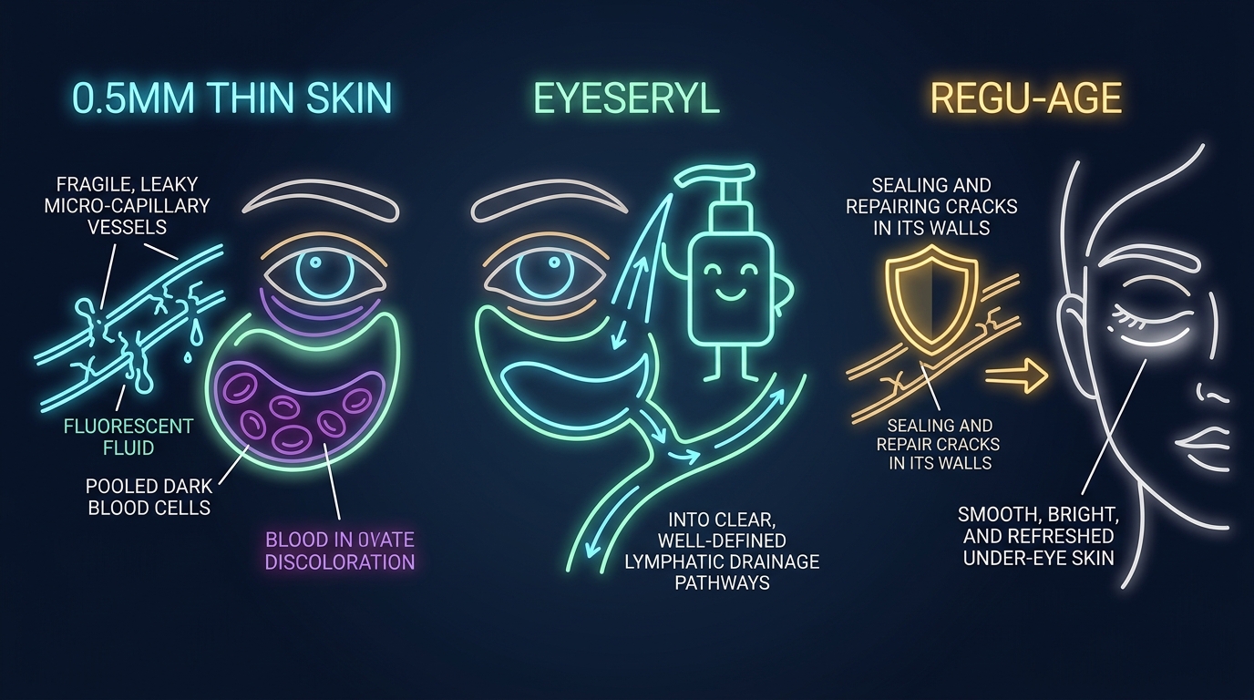 Digital whiteboard diagram explaining how Eyeseryl drains pooled under-eye fluid while Regu-Age seals leaky micro-capillaries