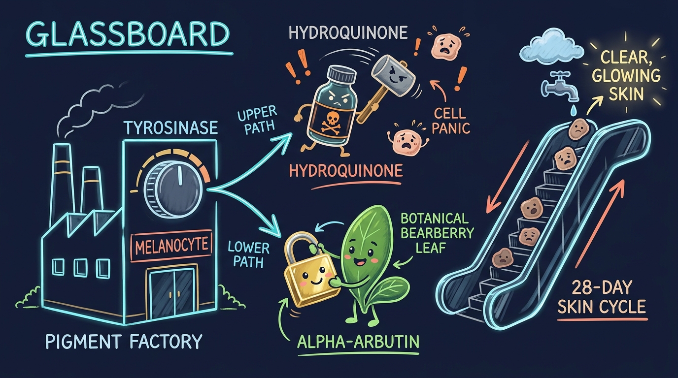 Digital whiteboard diagram explaining how Alpha-Arbutin locks the tyrosinase enzyme dial in the melanocyte factory while old pigment rides the 28-day escalator