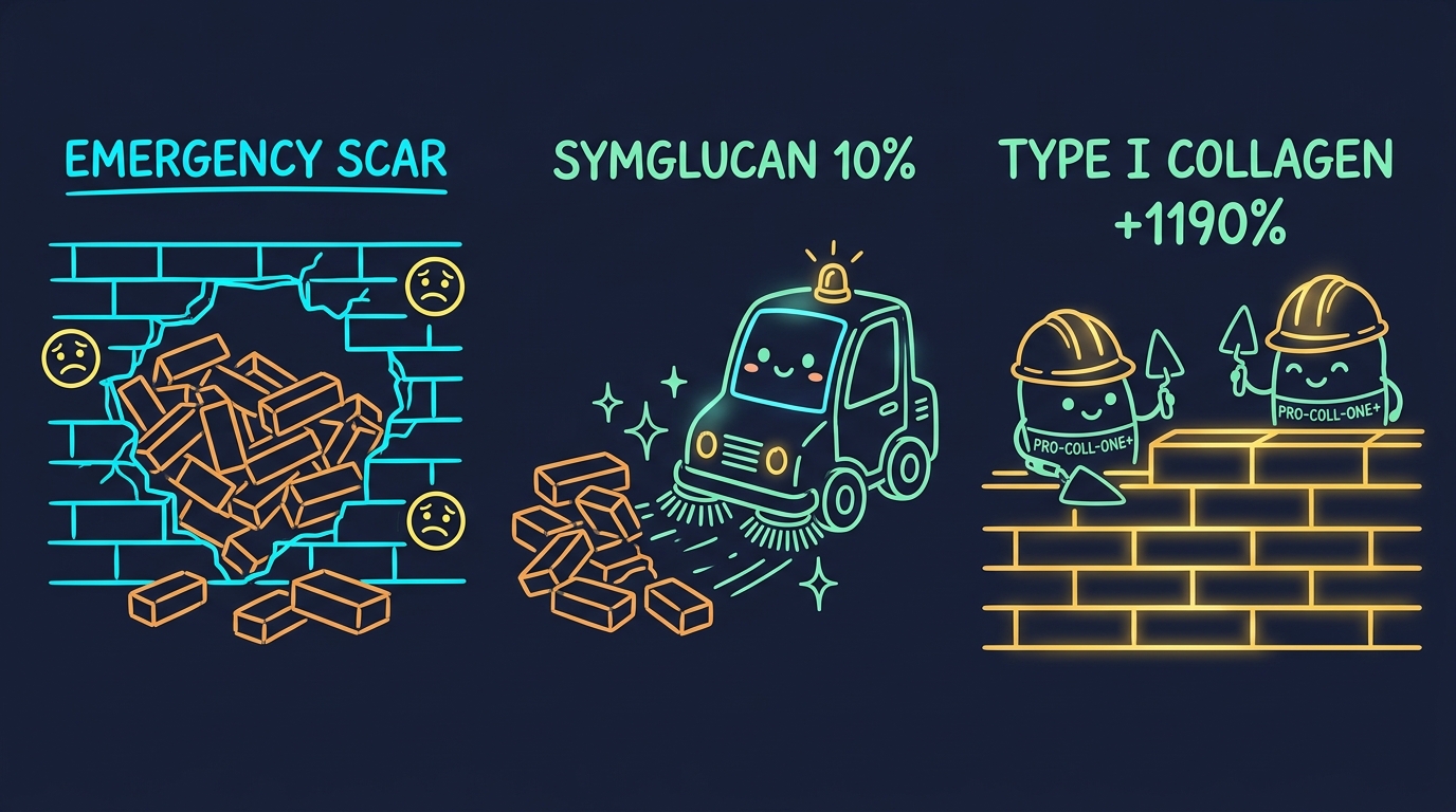 Digital whiteboard diagram explaining how Symglucan cleans tangled emergency scar bricks and Pro-Coll-One masons rebuild smooth Type I collagen